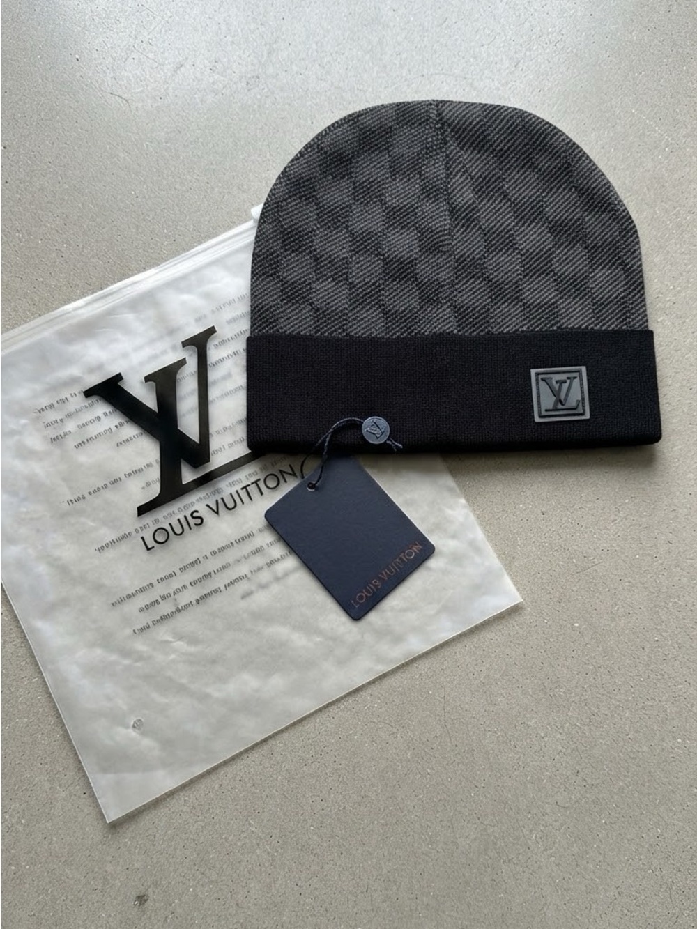 Louis Vuitton Black & Gray Damier Knit Beanie